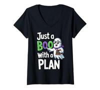 Womens Funny Just A Boo With A Plan Cute Halloween V-Neck T-Shirt