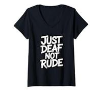 Women's Funny Just Deaf Not Rude ASL Deaf Awareness Hearing Aid V-Neck T-Shirt