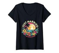 Women's Funny Just Married Tropical Honeymoon Vacation Celebration V-Neck T-Shirt