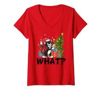 Womens Funny Kawaii Black Cat Pushing Christmas Tree Over Cat What? V-Neck T-Shirt