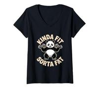 Women's Funny Kinda Fit Sorta Fat Panda Lifting Sarcastic V-Neck T-Shirt
