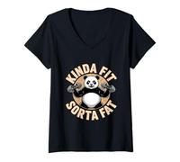 Women's Funny Kinda Fit Sorta Fat Panda Lifting Sarcastic V-Neck T-Shirt