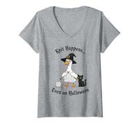 Womens Funny Knitting Goose Witch Knit Happens Even on Halloween V-Neck T-Shirt