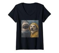 Women's Funny Labrador Dog Shark Attack Meme Vintage V-Neck T-Shirt