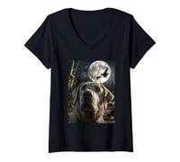 Womens Funny Labrador Selfie Full Moon Flying Witch Halloween Dog V-Neck T-Shirt