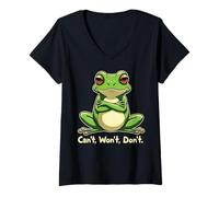 Womens Funny Lazy Frog Attitude Can’t Won’t Don’t V-Neck T-Shirt