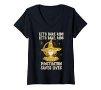 Women's Funny Let's Bake Kids Punctuation Grammar Halloween V-Neck T-Shirt