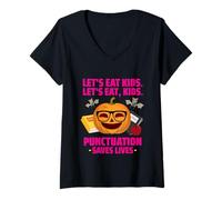Womens Funny Let's Eat Kids Punctuation Saves Lives Shirt Halloween V-Neck T-Shirt