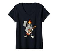 Womens Funny Lighter Flames with Cool Electric Guitar Outfit V-Neck T-Shirt