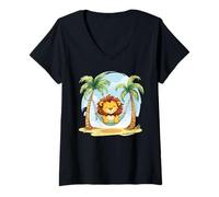 Womens Funny Lion in Hammock on the Beach for Palm Trees Lovers V-Neck T-Shirt
