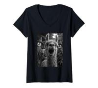 Womens Funny Llama Selfie with Spooky Scarecrows Halloween Animal V-Neck T-Shirt