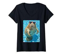 Women's Funny Manatee with Sunglasses Cool Summer Animal Swimming V-Neck T-Shirt