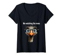 Women's Funny Me Watching The News Ostrich Wearing Glasses V-Neck T-Shirt