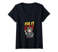 Women's Funny Mechanic Cat Repair Humor Illustration V-Neck T-Shirt