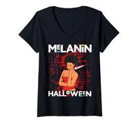 Womens Funny Melanin Halloween Black Girl Magic Scary Blood Costume V-Neck T-Shirt