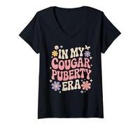 Womens Funny Menopause Midlife Cougar Puberty V-Neck T-Shirt