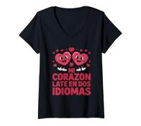 Women's Funny Mi Corazon Late En Dos Idiomas Bilingual V-Neck T-Shirt