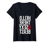 Womens Funny Mirror Text Hello You Sexy Beach Quote V-Neck T-Shirt