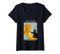 Women's Funny Mischievous Black Cat Sunflowers Vase Van Gogh Parody V-Neck T-Shirt