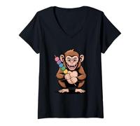 Womens Funny Monkey with Mochi dango Japan Streetwear V-Neck T-Shirt