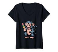 Womens Funny Monkey with Mochi dango Japan Streetwear V-Neck T-Shirt