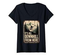 Womens Funny Mountain Biking It's All Downhill from Here Vintage V-Neck T-Shirt