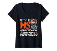 Womens Funny MS Warrior Brain Fog Multiple Sclerosis V-Neck T-Shirt