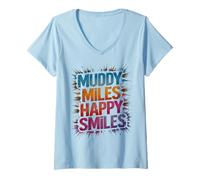 Women's Funny Muddy Miles Happy Smiles Mud Run Mudding Sisters Muddy V-Neck T-Shirt