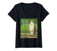 Women's Funny My Brain Has Left The Chat Meowl Gen Z Meme V-Neck T-Shirt