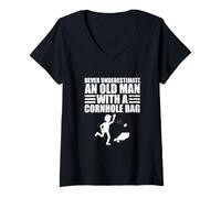 Women's Funny Never Underestimate an Old Man with A Cornhole Bag V-Neck T-Shirt