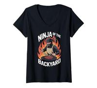 Womens Funny Ninja of The Backyard Saying BBQ Humor Grill Women Men V-Neck T-Shirt