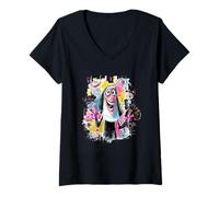 Women's Funny Nun Double Peace Graffiti Pop Character Graphic Art V-Neck T-Shirt