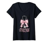 Women's Funny Nurse Romanticizing 12 Hour Shift RN Coquette Pink Bow V-Neck T-Shirt