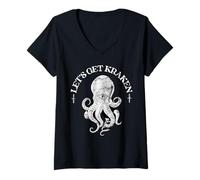 Women's Funny Octopus Let's Get Kraken Deep Sea Monster V-Neck T-Shirt