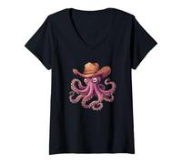 Womens Funny Octopus with Cowboy Hat Costume for Boys and Girls V-Neck T-Shirt