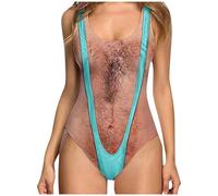 Women's Funny One-Piece Swimsuit, Novelty 3D Hairy Chest Printed High Cut Bodysuit, Humor Fake Furry Body Swimwear, Plus Size Ugly Joke Bathing Suit for Beach and Party Light Blue