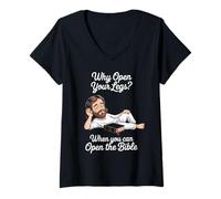 Womens Funny Open The Bible Christian Faith Humor Saying Adult Joke V-Neck T-Shirt