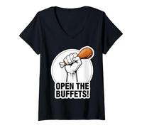Womens Funny Open The Buffets Cruise Ship Raised Fist Food Lover V-Neck T-Shirt