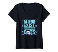 Womens Funny Outer Space Cat - Aliens Exist Disguised as Cats V-Neck T-Shirt