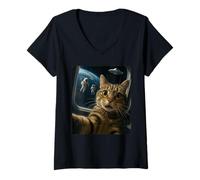 Womens Funny Outer Space Cat with UFO and Astronauts Meme V-Neck T-Shirt