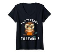 Womens Funny Owl Reading Hoo's Ready to Learn School Teacher Owl V-Neck T-Shirt