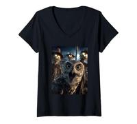 Womens Funny Owl Selfie with Scarecrows Spooky Halloween Animal V-Neck T-Shirt
