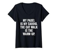 Womens Funny Padel UK T-Shirt My Padel is My Cardio The Cat Walk V-Neck T-Shirt