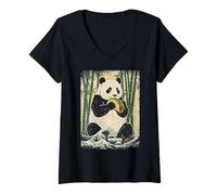 Women's Funny Panda Eating Taco Japanese Ukiyo-e Art Retro V-Neck T-Shirt