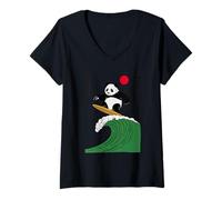 Womens Funny Panda Surfing Saying Japanese Wave Meme Humor Japan V-Neck T-Shirt