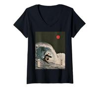 Womens Funny Panda Surfing Saying Japanese Wave Meme Humor Japan V-Neck T-Shirt