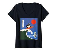 Womens Funny Panda Surfing Saying Japanese Wave Meme Humor Japan V-Neck T-Shirt