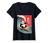 Womens Funny Panda Surfing Saying Japanese Wave Meme Humor Japan V-Neck T-Shirt