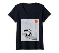 Womens Funny Panda Surfing Saying Japanese Wave Meme Humor Japan V-Neck T-Shirt