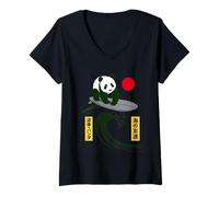 Womens Funny Panda Surfing Saying Japanese Wave Meme Humor Japan V-Neck T-Shirt